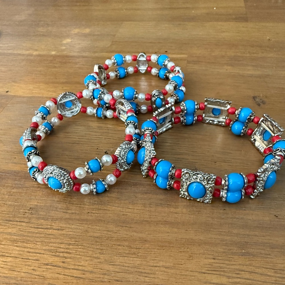 Set of 3 Turquoise, Red & Silvertone Costume Bracelets